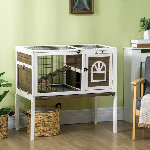 PawHut Wooden Rabbit Hutch, Guinea Pig Cage, with Removable Tray, Openable Roof - 2