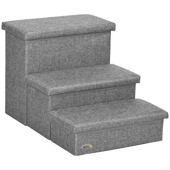 PawHut 3 Steps Pet Stairs, with Storage Boxes, for Bed, Couches - Grey - 1