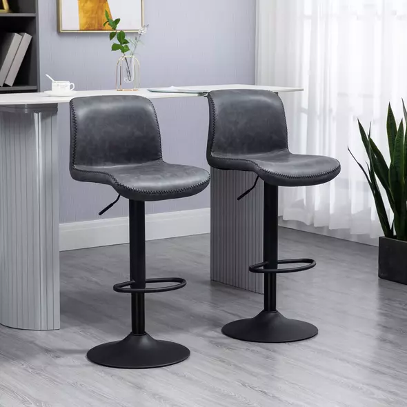 HOMCOM Bar Stools Set of 2, PU Leather Barstools with Backrest and Footrest for Kitchen, Counter, Breakfast Bar, Dark Grey - 2