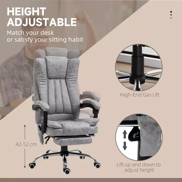 Vinsetto Office Chair with Massage and Heat, Microfibre Reclining Computer Desk Chair with Footrest and Adjustable Height, Swivel Wheels for Home Office, Grey - 7