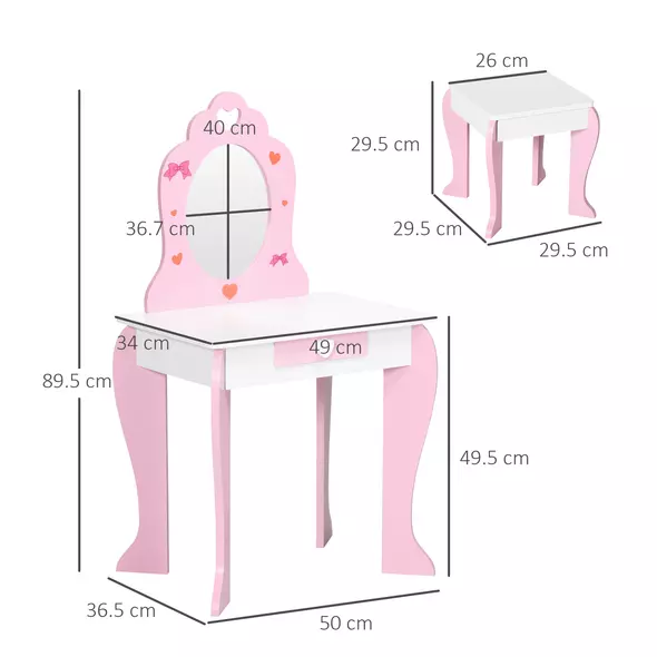 ZONEKIZ Kids Dressing table Set w/ Mirror, Stool, Drawer, Cute Patterns, for Ages 3-6 Years - Pink - 3