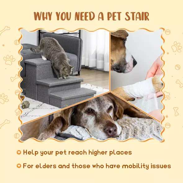 PawHut 3 Steps Pet Stairs, with Storage Boxes, for Bed, Couches - Grey - 4