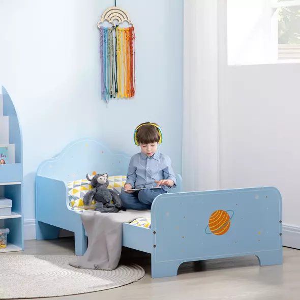 ZONEKIZ Space Themed Toddler Bed, Kids Bedroom Furniture, with Safety Rails - Blue - 2