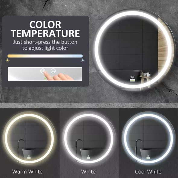 kleankin Round LED Bathroom Mirror, Dimmable Lighted Wall-Mounted Mirror with 3 Temperature Colours, Memory Function, Hardwired - 6