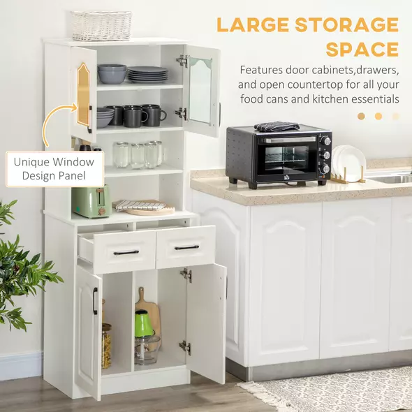 HOMCOM Kitchen Cupboard, Freestanding Storage Cabinet with 2 Adjustable Shelves, 2 Drawers and Open Counter for Living Room, Dining Room, 168cm, White - 4