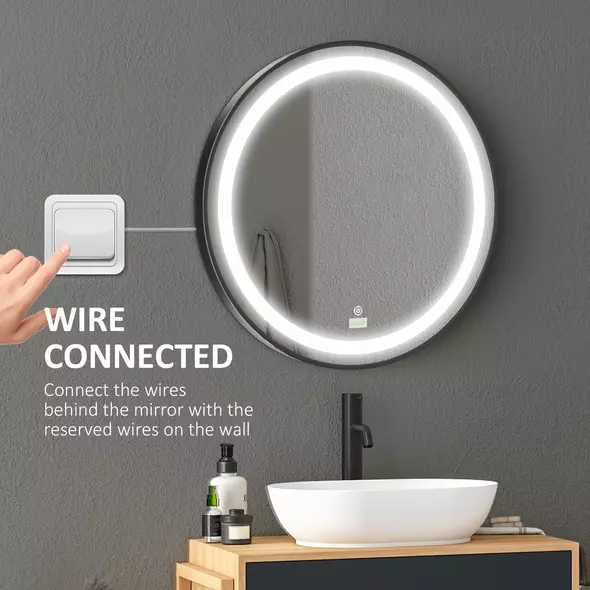 kleankin Round LED Bathroom Mirror, Dimmable Lighted Wall-Mounted Mirror with 3 Temperature Colours, Memory Function, Hardwired - 7