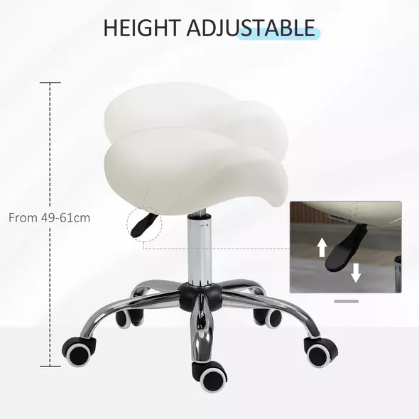 HOMCOM Cosmetic Stool 360° Rotate Height Adjustable Salon Massage Spa Chair Hydraulic Rolling Faux Leather Saddle Stool, Cream - 4