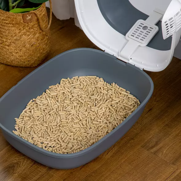 PawHut Foldable Cat Litter Tray with Lid, Deodorant, Scoop, White - 9