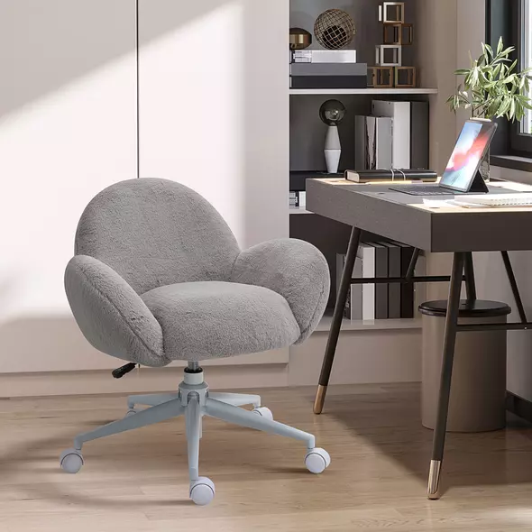 HOMCOM Makeup Vanity Chair, Cute Fluffy Desk Chair with Rolling Wheels for Bedroom Living Room, Grey - 2