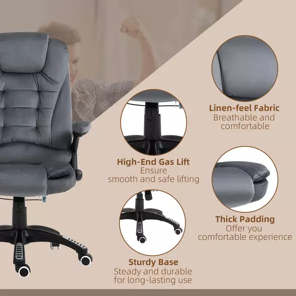 Vinsetto Massage Recliner Chair Heated Office Chair with Six Massage Points Velvet-Feel Fabric 360° Swivel Wheels Grey - 9