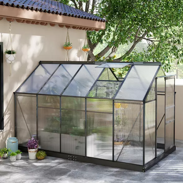 Outsunny 6 x 10ft Polycarbonate Greenhouse, Large Walk-In Green House with Slide Door and Window, Garden Plants Grow House with Aluminium Frame and Foundation, Grey - 2
