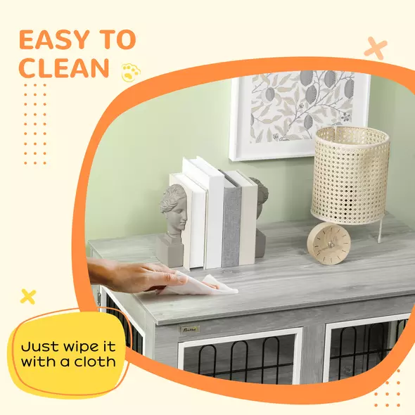 PawHut Dog Crate Furniture End Table, with Washable Cushion, Double Doors, for Medium/Large Dogs, Grey - 8