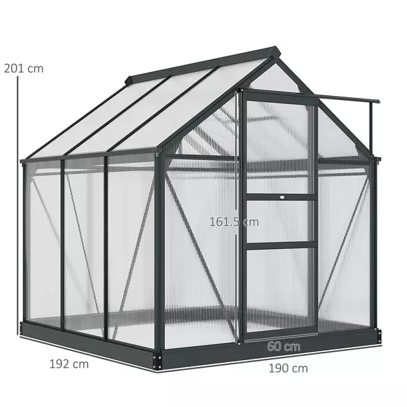 Outsunny 6 x 6ft Polycarbonate Greenhouse, Large Walk-In Green House with Slide Door and Window, Garden Plants Grow House with Aluminium Frame and Foundation, Grey - 3