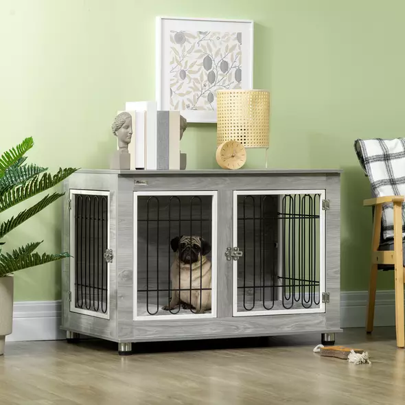 PawHut Dog Crate Furniture End Table, with Washable Cushion, Double Doors, for Medium/Large Dogs, Grey - 2