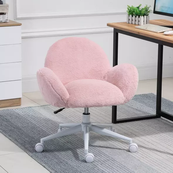 HOMCOM Makeup Vanity Chair, Cute Fluffy Desk Chair with Rolling Wheels for Bedroom Living Room, Pink - 2