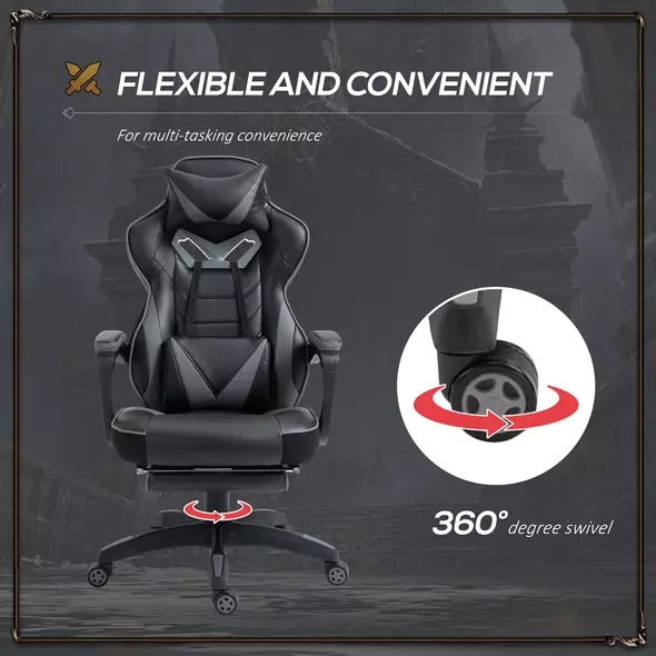 Vinsetto Computer Gaming Chair, Racing Desk Chair with Lumbar Support and Footrest, PU Leather Gamer Chair with Headrest and Swivel Wheels for Home, Grey - 6