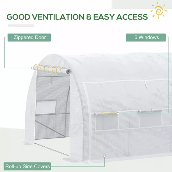 Outsunny 3 x 3 x 2 m Polytunnel Greenhouse with Roll-up Side Walls, Walk-in Grow House Tent with Steel Frame, Reinforced Cover, Zipped Door and 6 Mesh Windows for Garden, White - 5