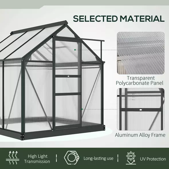 Outsunny 6 x 6ft Polycarbonate Greenhouse, Large Walk-In Green House with Slide Door and Window, Garden Plants Grow House with Aluminium Frame and Foundation, Grey - 5