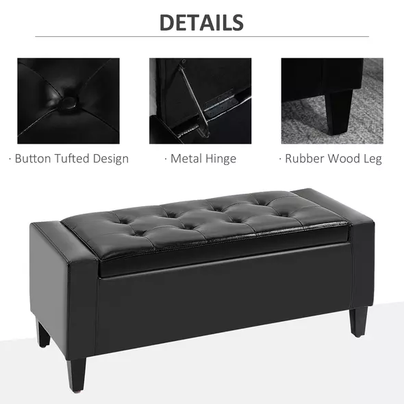 HOMCOM PU Leather Storage Ottoman Bench Storage Chest Tufted Ottoman Cube w/ Flipping Top 92L x 40W x 40H cm Black - 5