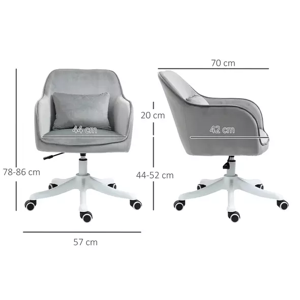 Vinsetto Velvet Office Chair, Desk Chair, Makeup Vanity Chair with Massage Lumbar Pillow and Rolling Wheels for Bedroom and Home, Grey - 3
