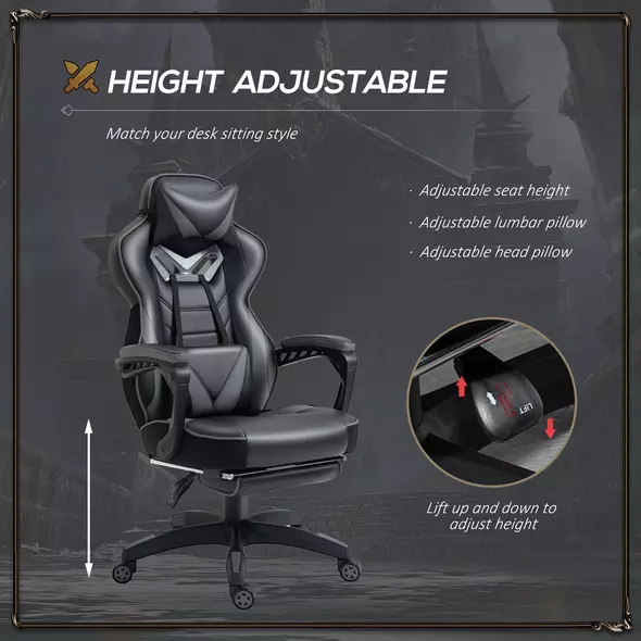 Vinsetto Computer Gaming Chair, Racing Desk Chair with Lumbar Support and Footrest, PU Leather Gamer Chair with Headrest and Swivel Wheels for Home, Grey - 4