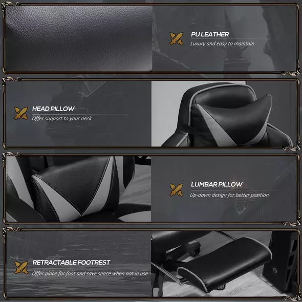 Vinsetto Computer Gaming Chair, Racing Desk Chair with Lumbar Support and Footrest, PU Leather Gamer Chair with Headrest and Swivel Wheels for Home, Grey - 7