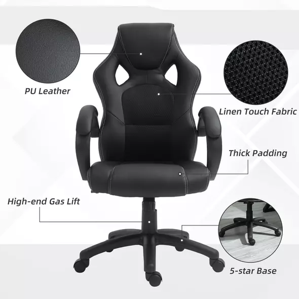 Vinsetto Office Chair Faux Leather Swivel Computer Desk Chair for Home Office with Wheels Armrests Black - 7