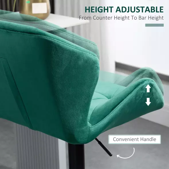 HOMCOM Bar Stools Set Of 2, Velvet-Touch Barstools with Metal Frame Footrest and Adjustable Height, Green - 5