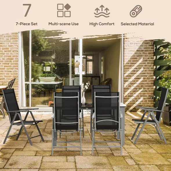 Outsunny 7 Piece Garden Dining Set, Outdoor Table and 6  Folding and Reclining Chairs, Aluminium Frame, Tempered Glass Top Table, Texteline Seats, Black - 4