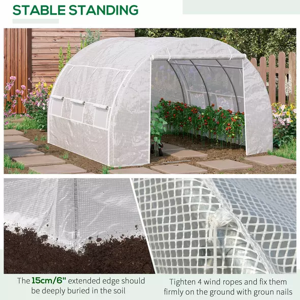 Outsunny 3 x 3 x 2 m Polytunnel Greenhouse with Roll-up Side Walls, Walk-in Grow House Tent with Steel Frame, Reinforced Cover, Zipped Door and 6 Mesh Windows for Garden, White - 6