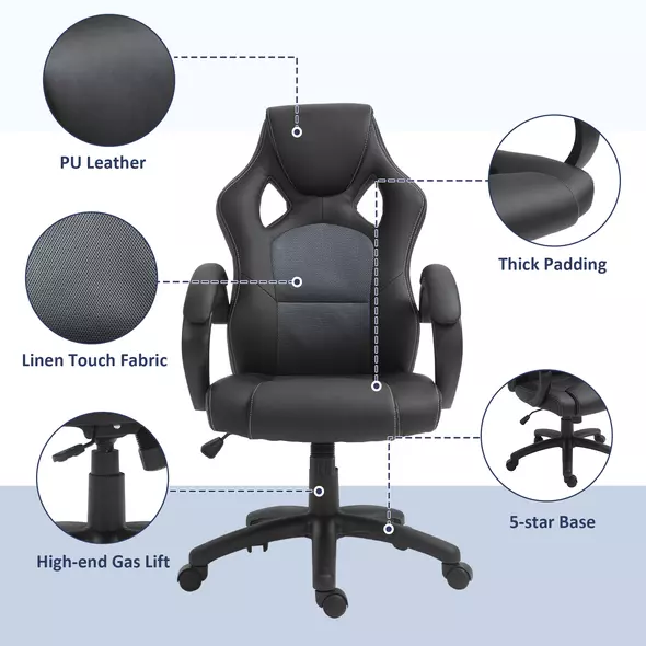 Vinsetto Office Chair Faux Leather Swivel Computer Desk Chair for Home Office with Wheels Armrests Black - 7