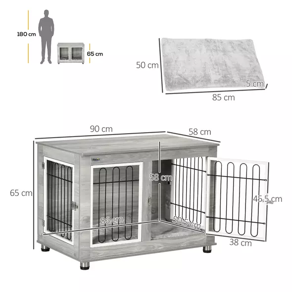 PawHut Dog Crate Furniture End Table, with Washable Cushion, Double Doors, for Medium/Large Dogs, Grey - 3