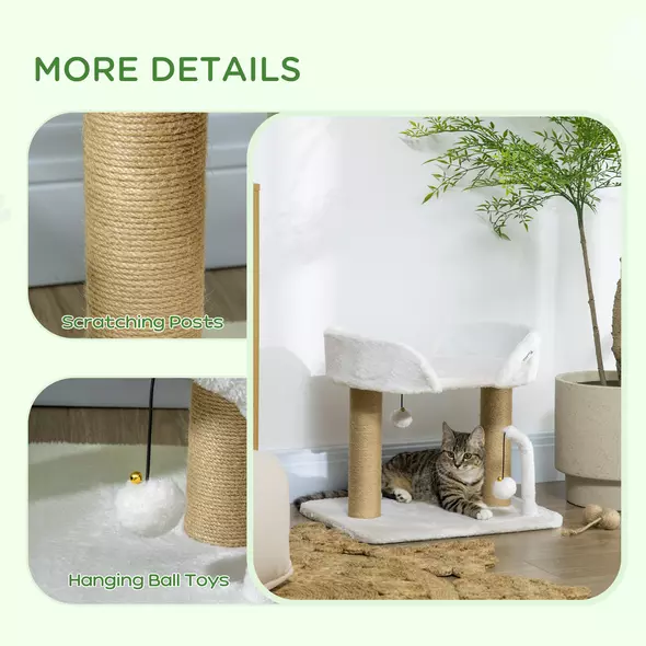 PawHut 42cm Indoor Cat Tree, with Toy Balls, Jute Scratching Post - White - 5