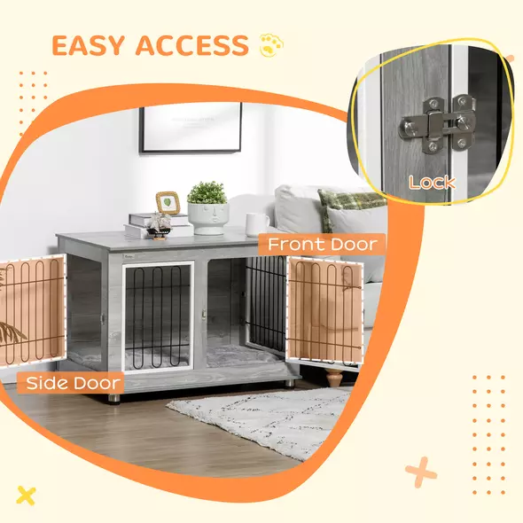 PawHut Dog Crate Furniture End Table, with Washable Cushion, Double Doors, for Medium/Large Dogs, Grey - 6