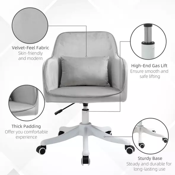 Vinsetto Velvet Office Chair, Desk Chair, Makeup Vanity Chair with Massage Lumbar Pillow and Rolling Wheels for Bedroom and Home, Grey - 7