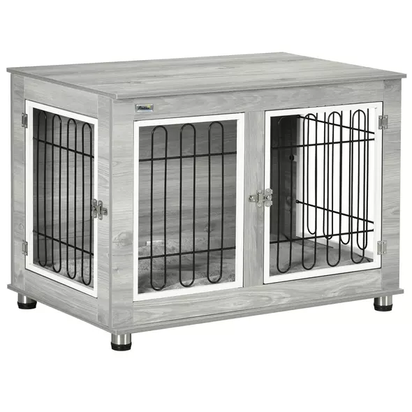 PawHut Dog Crate Furniture End Table, with Washable Cushion, Double Doors, for Medium/Large Dogs, Grey - 1