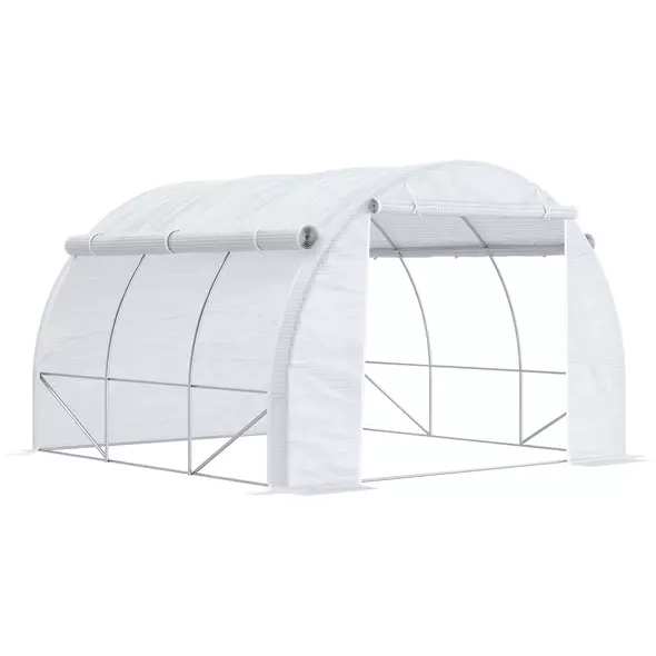 Outsunny 3 x 3 x 2 m Polytunnel Greenhouse with Roll-up Side Walls, Walk-in Grow House Tent with Steel Frame, Reinforced Cover, Zipped Door and 6 Mesh Windows for Garden, White - 1