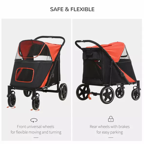 PawHut Foldable Pet Stroller, with Universal Wheels, Shock Absorber, for Medium and Large Dogs - Red - 6