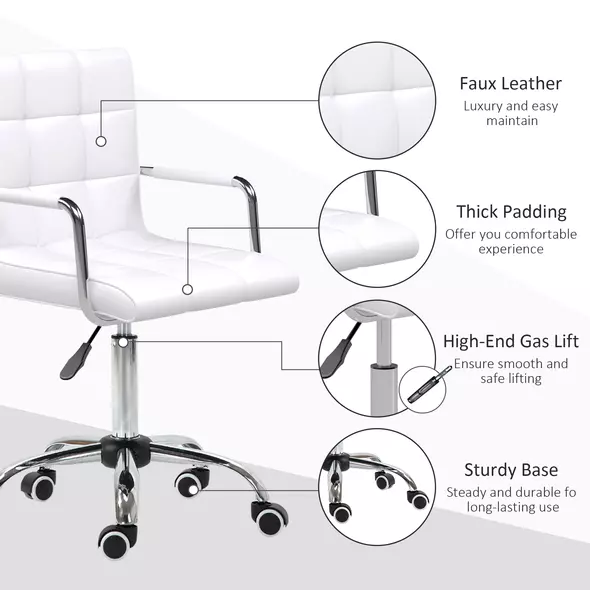 Vinsetto Makeup Vanity Chair, PU Leather Mid Back Office Chair with Adjustable Height, Armrest and Rolling Wheels, White - 6