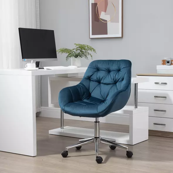 Vinsetto Home Office Chair Velvet Ergonomic Computer Chair Comfy Desk Chair with Adjustable Height, Arm and Back Support, Blue - 2