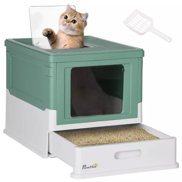 PawHut Hooded Cat Litter Box, Portable Pet Toilet, with Scoop, Front Entry - Green - 1