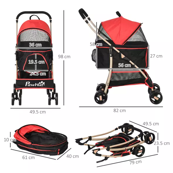 PawHut 3 In 1 Detachable Pet Stroller, for Extra Small and Small Dogs - Red - 3