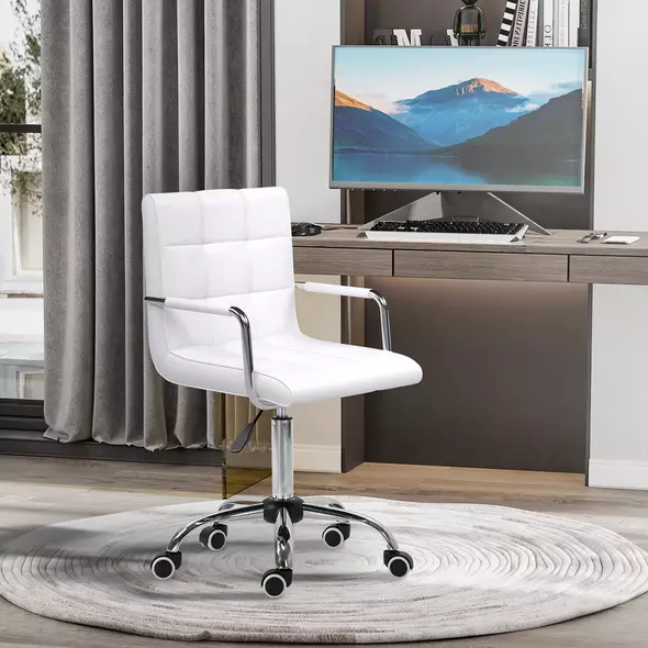 Vinsetto Makeup Vanity Chair, PU Leather Mid Back Office Chair with Adjustable Height, Armrest and Rolling Wheels, White - 2