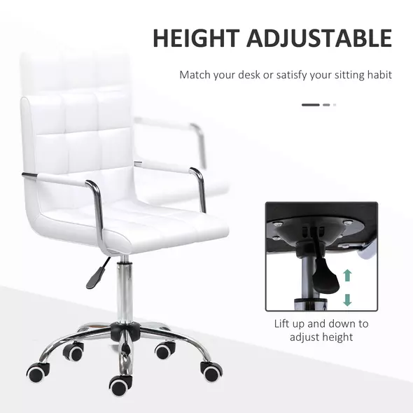 Vinsetto Makeup Vanity Chair, PU Leather Mid Back Office Chair with Adjustable Height, Armrest and Rolling Wheels, White - 4