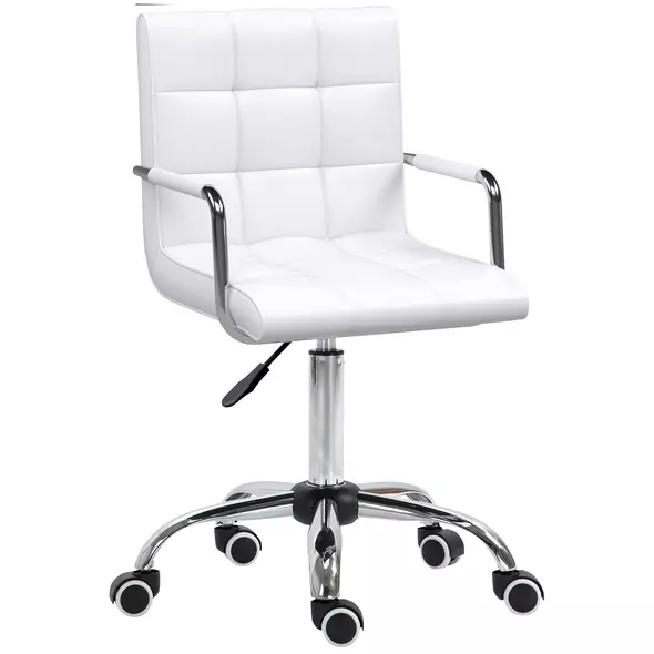 Vinsetto Makeup Vanity Chair, PU Leather Mid Back Office Chair with Adjustable Height, Armrest and Rolling Wheels, White - 1