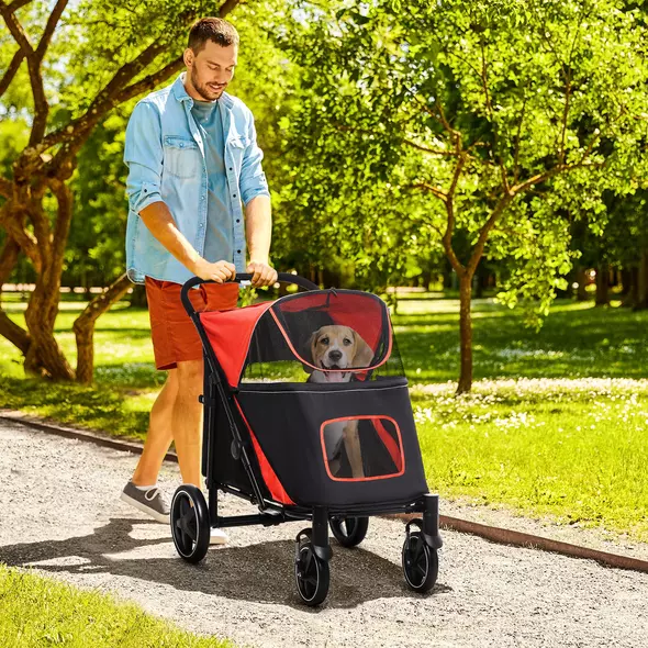 PawHut Foldable Pet Stroller, with Universal Wheels, Shock Absorber, for Medium and Large Dogs - Red - 2