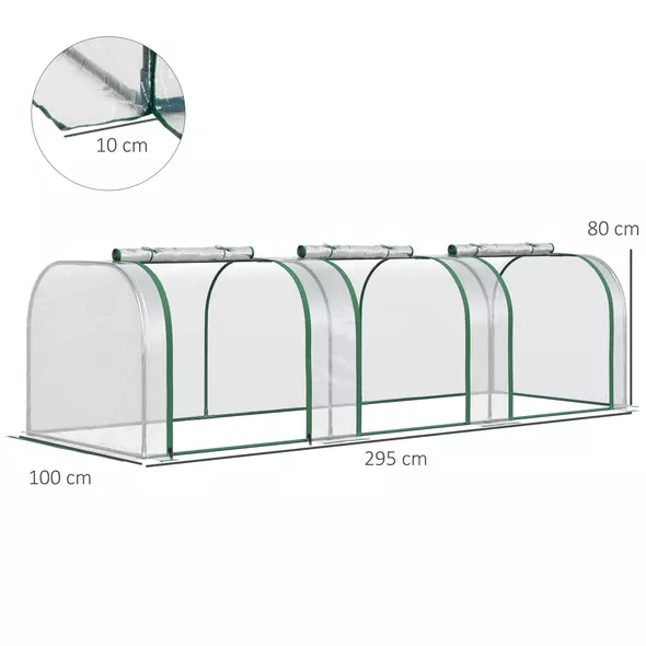 Outsunny PVC Tunnel Greenhouse Green Grow House Steel Frame for Garden Backyard with Zipper Doors 295x100x80 cm, Clear - 3