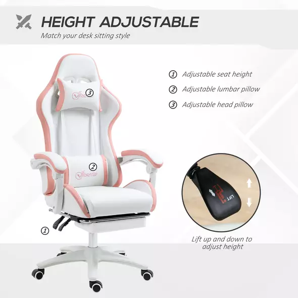 Vinsetto Computer Gaming Chair, PU Leather Office Desk Chair with Footrest, Swivel Wheels, 135° Reclining Back, Lumbar Support, Headrest for Home, White and Pink - 4