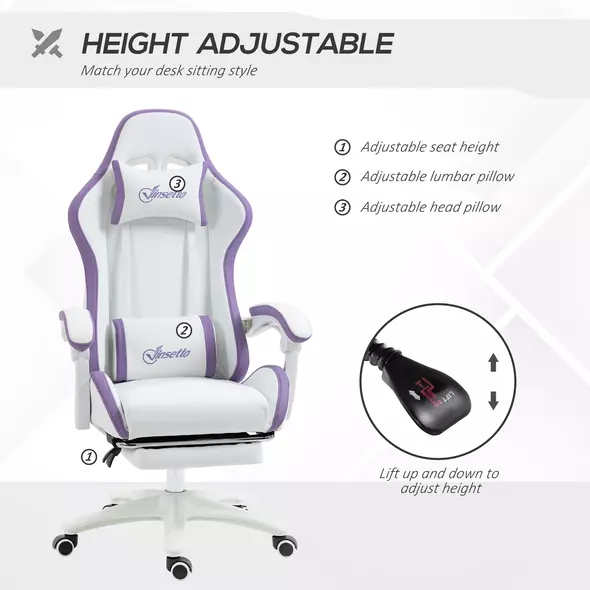 Vinsetto Computer Gaming Chair, PU Leather Office Desk Chair with Footrest, Swivel Wheels, 135° Reclining Back, Lumbar Support, Headrest for Home, White and Purple - 4