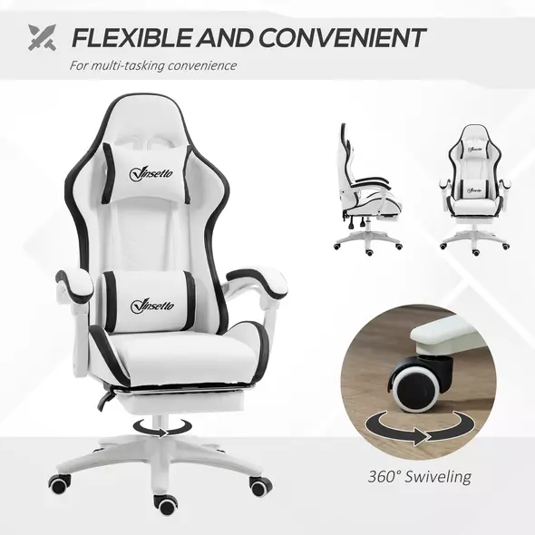 Vinsetto Computer Gaming Chair, PU Leather Office Desk Chair with Footrest, Swivel Wheels, 135° Reclining Back, Lumbar Support, Headrest for Home, White and Black - 6
